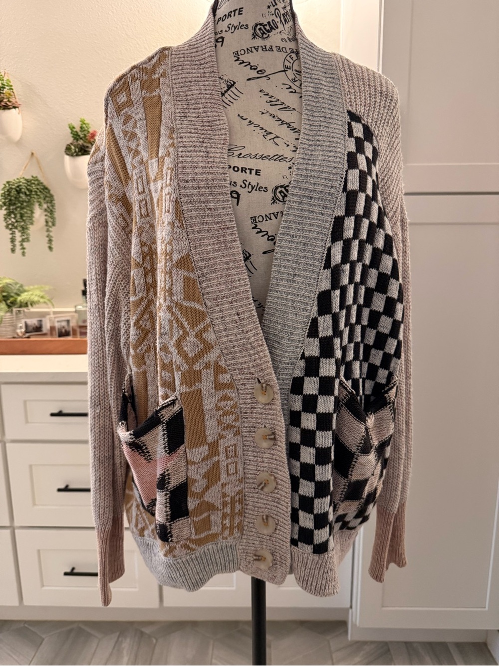 Pilcro Anthropologie Mash-Up Cardigan Sweater Checkerboard Size S - Picture 3 of 9